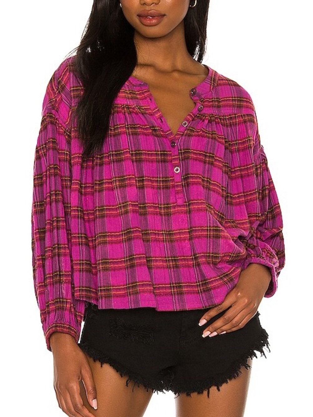 We The Free Cottagecore Autumnal Jessi Top Plaid Button-Up Peasant Blouse
